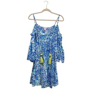 Lilly Pulitzer Alanna Swing Dress Off Shoulder Tropical Floral Resort Blue Sz S